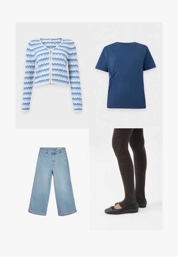 Cardigan tricoté à rayures bleues et blanches avec manches longues, motif festonné, boutons sur le devant et coupe légèrement raccourcie.; T-shirt bleu à manches courtes avec un subtil nœud latéral à la taille gauche, présenté sur fond blanc.; Pantalon large en denim bleu clair avec passants pour ceinture, bouton devant et fermeture éclair, sans poches visibles.; Jambes portant des leggings côtelés foncés associés à des ballerines noires avec de petits détails en nœud sur fond blanc.