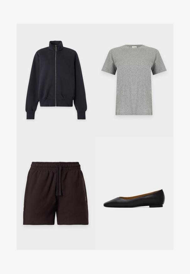 Veste noire zippée avec col montant et manches longues, poignets et ourlet côtelés, présentée sur un fond clair uni.; T-shirt gris uni en coton à manches courtes avec un col rond et une petite étiquette blanche à l'intérieur du col portant la mention « CLOSED ».; Shorts à taille élastique noire avec cordon de serrage, devant plat et poches latérales, présentés sur un fond clair uni.; Chaussure plate en cuir noir à bout pointu avec talon bas et finition lisse, vue de côté sur un fond gris clair.