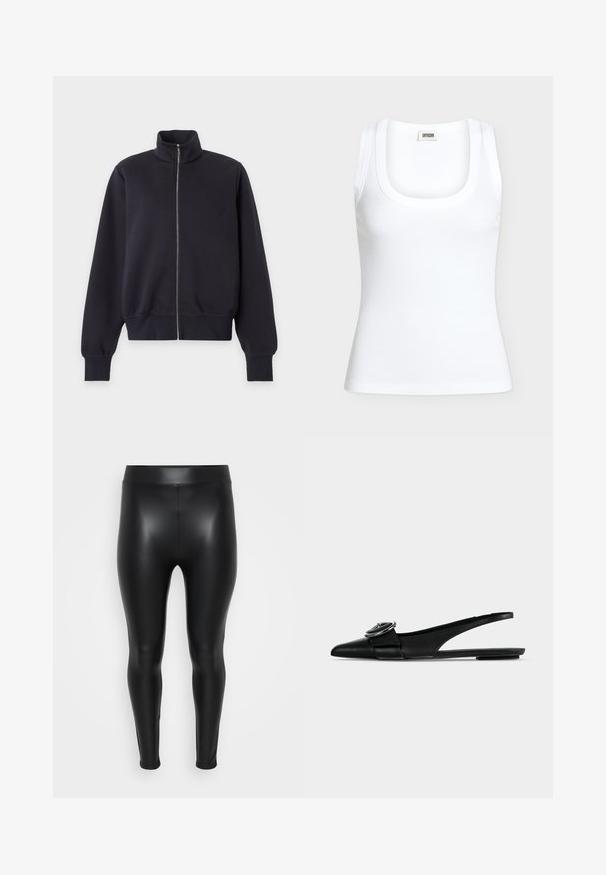 Schwarze Jacke mit Reißverschluss, hohem Kragen und langen Ärmeln, gerippten Bündchen und Saum, vor einem unifarbenen hellen Hintergrund gezeigt.; Weißes, geripptes ärmelloses Tanktop mit rundem Ausschnitt und Markenlabel DRYKORN am inneren hinteren Kragen.; Schwarze Leggings aus einem glatten, glänzenden Material. Hoher Bund, enganliegendes Design und keine sichtbaren Nähte oder Muster.; Schwarzer Leder-Spitz-Toe Slingback-Flacher mit breitem Riemen und rundem Metall-Schnallendetail oben.