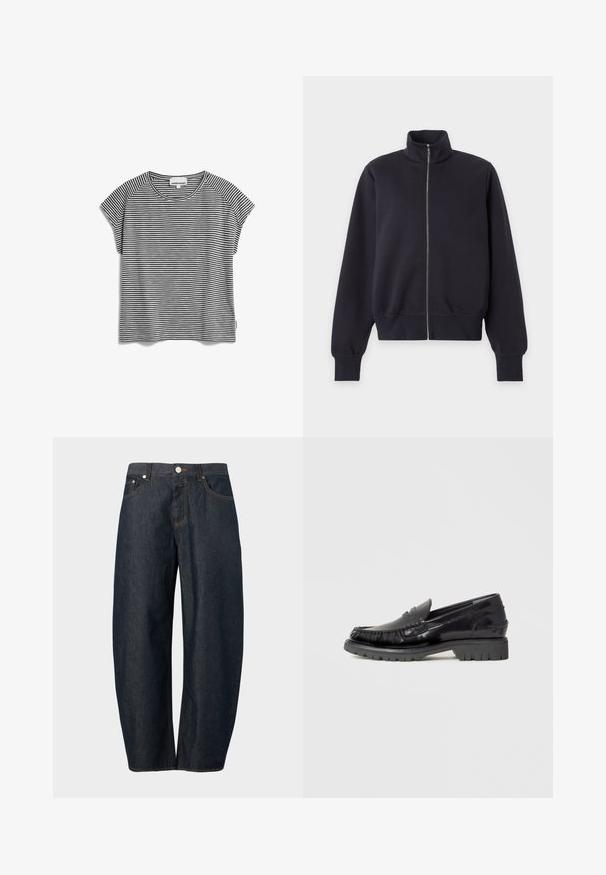 Zwarte jas met rits, hoge kraag en lange mouwen, geribde boorden en zoom, getoond tegen een effen lichte achtergrond.; Zwart-wit gestreepte t-shirt met korte mouwen en een ronde hals, van lichtgewicht stof en met een rechte snit, met raglan mouwen.; Donkerblauwe denim broek met brede pijpen, voorzien van een knoopsluiting aan de voorkant, rits en zakken tegen een effen achtergrond.; Zwarte leren loafer met een bovenwerk in mocassinstijl, gestructureerde franjes en een dikke zwarte rubberen zool. Gladde afwerking, ronde neus.