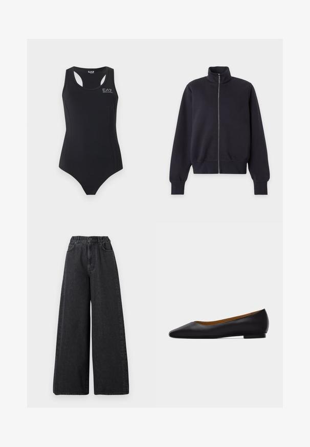 Veste noire zippée avec col montant et manches longues, poignets et ourlet côtelés, présentée sur un fond clair uni.; Maillot de bain une pièce noir sans manches avec dos nageur et logo blanc EA7 Emporio Armani sur la poitrine.; Jean noir à jambes larges et taille haute avec fermeture à boutons, poches avant, et texte vertical discret « Weekend MaxMara » le long des coutures latérales.; Chaussure plate en cuir noir à bout pointu avec talon bas et finition lisse, vue de côté sur un fond gris clair.
