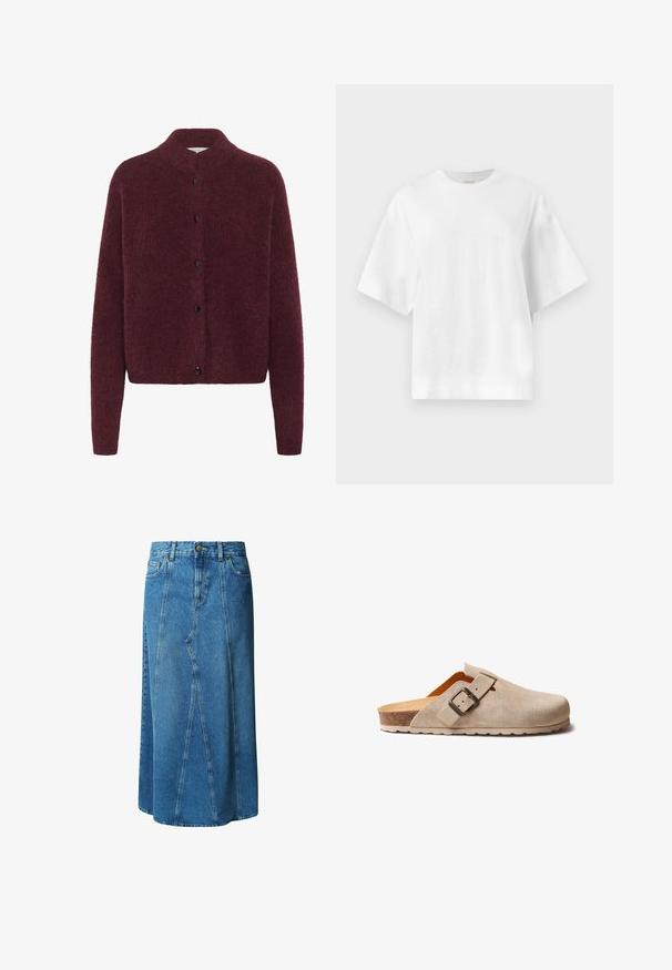 Bordeaux strikket cardigan med høj krave, lange ærmer og sorte knapper ned foran. Fremstillet af et blødt, tekstureret stof.; Plain hvid oversized T-shirt med korte ærmer og rund halsudskæring, vist fladt mod en lys grå baggrund.; Lys blå denimnederdel i knælængde med en tætsiddende talje, knaplukning og frontlommer; har en paneleret design og rå kant.; Beige ruskindsklog med justerbar spænde-rem, formet korkfodbed og tekstureret gummisål for greb og komfort.