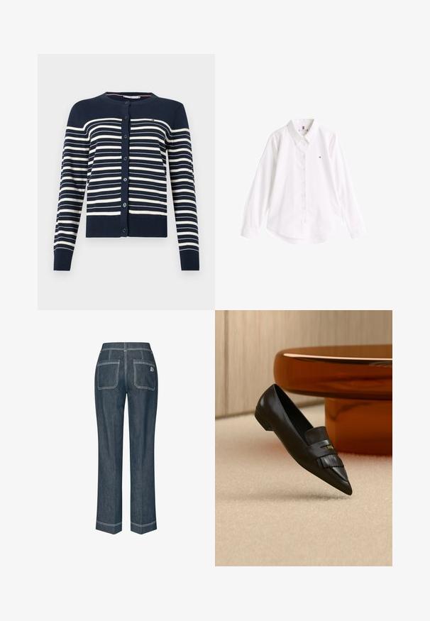 Cardigan bleu marine avec des rayures crème horizontales, présentant un col rond, des boutons sur le devant, et des poignets et un ourlet côtelés. Matière tricotée douce.; Chemise blanche en coton avec un col classique, des manches longues et un ourlet incurvé. Présente un petit logo coloré sur la poitrine.; Jean en denim bleu foncé avec une coupe droite, comportant deux poches arrière et des coutures blanches contrastantes sur l'ourlet et les coutures.; Mocassin en cuir noir à bout pointu avec détail de franges, positionné sur un tapis beige près d'une table ronde en verre orange.