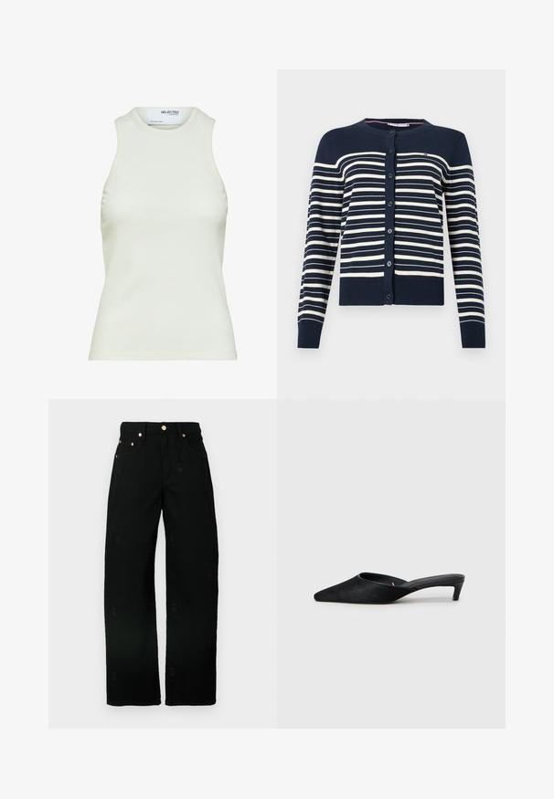 Mørkeblå cardigan med vandrette cremefarvede striber, med rund halsudskæring, knapper foran og ribbede manchetter og kant. Blødt strikket materiale.; Ærmeløs hvid ribbet tanktop med rund halsudskæring fra Selected Femme, viser frontvisning uden mønstre eller dekorationer.; Sorte vidde jeans lavet af bomuld med en blød tekstur, der har subtile broderede mønstre og hardware i guldtoner på lommerne.; Sorte suedeslippers med spids tå og lav hæl. Har en glat tekstur og åben ryg for nem påklædning. Simpelt design uden mønstre.
