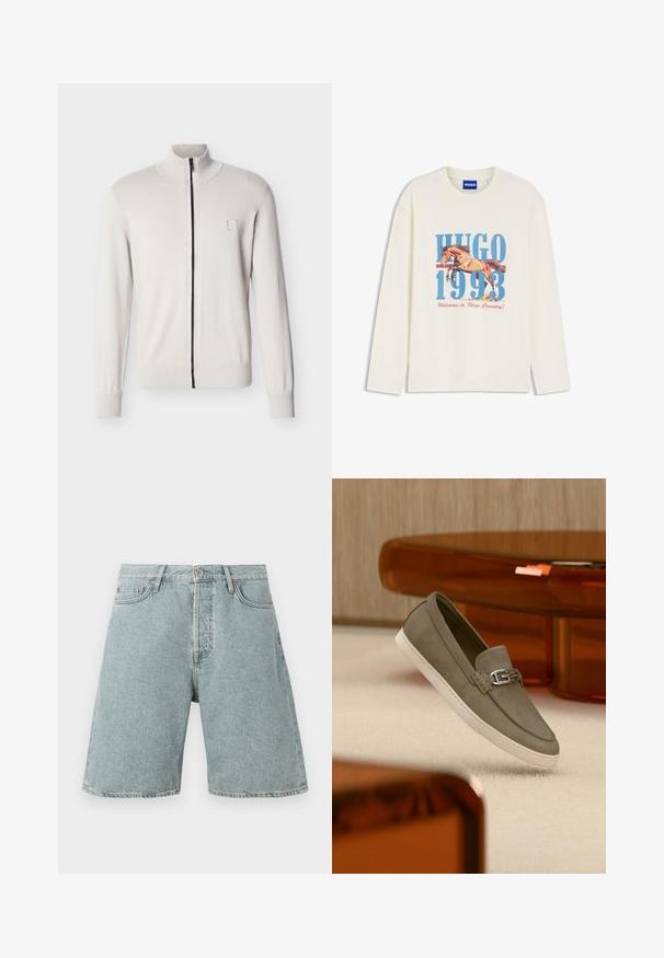 Weißer Pullover mit durchgehendem Reißverschluss, gerippten Bündchen und Saum, Stehkragen und einem kleinen, quadratischen Logo-Patch auf der linken Brust.; Cremefarbenes Langarmshirt mit blauem "HUGO 1993"-Print, einer springenden Pferdegrafik und rotem Text mit der Aufschrift "Welcome to Hugo Country!"; Hellblaue Jeans-Shorts mit lässiger Passform, fünf Taschen und Knopfverschluss. Abgeriebene Textur mit sichtbaren Nähten.; Ein einzelner grauer Wildleder-Slipper mit weißer Sohle und silbernem Schnallendetail, schwebend über einem hellen Teppich und Holzmöbeln vorgeführt.
