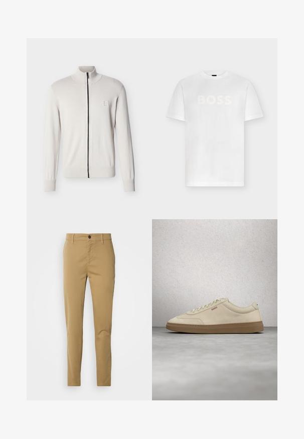 Pull blanc à fermeture éclaire complète avec poignets et ourlet côtelés, col montant, et une petite étiquette logo carrée sur la poitrine gauche.; T-shirt blanc à manches courtes et col rond avec le mot "BOSS" imprimé en grandes lettres blanches discrètes sur la poitrine.; Pantalons khaki en coton. Design ajusté avec une texture lisse, poches avant et une fermeture à bouton unique à la taille.; Baskets en daim beige clair avec une semelle en caoutchouc gomme, des lacets prononcés et des détails de couture subtils. Design épuré avec une esthétique minimaliste.