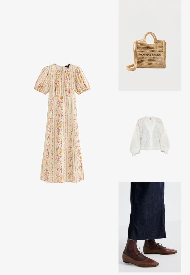 Hvidstrikket cardigan med V-hals og puffede ærmer. Har dekorative huller og en knaplukning foran, der fremhæver dets teksturerede design.; Kremfarvet midikjole med pufærmer, rund halsudskæring, tætsiddende talje og lodrette blomstrede striber i pink, orange og grønne nuancer.; Brune læderballerinaer med spids toe og narrestreger, parret med en mørk denimnederdel med frynset kant og søm ved siden af.; Vævet beige håndtaske med to håndtag, lang rem, åben vævning og "VANESSA BRUNO" broderet i sort på forsiden.