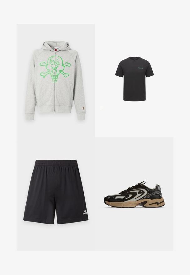 Sweat à capuche gris zippé en tissu doux, avec un grand dessin graphique vert d'une tête de glace en forme de crâne et des os croisés. Comprend des poches latérales.; T-shirt noir à manches courtes avec col rond et petit texte vert en cursive sur le côté gauche de la poitrine indiquant "Closure.Lon".; Shorts de sport en mesh noir avec taille élastique et logo blanc de la marque "baree" près de l'ourlet bas sur la jambe droite.; Baskets noires et beiges avec motifs ondulés, design à lacets et semelle épaisse sur fond clair uni.