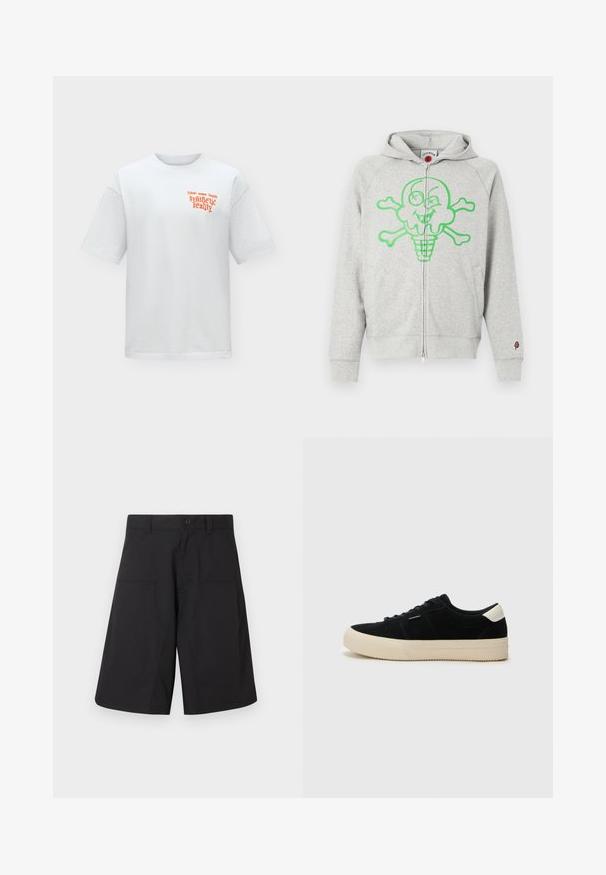 Sweat à capuche gris zippé en tissu doux, avec un grand dessin graphique vert d'une tête de glace en forme de crâne et des os croisés. Comprend des poches latérales.; T-shirt blanc à manches courtes avec col rond et petit texte orange sur le côté gauche de la poitrine indiquant "synthetic reality" et des mots plus petits au-dessus.; Shorts cargo noirs en tissu léger, dotés d'une fermeture à bouton et de deux poches avant, avec un design épuré à coupe droite.; Baskets en suède noir avec une épaisse semelle en caoutchouc beige, bout rond et lacets noirs. Présente un accent blanc au niveau du talon. Design simple et classique.