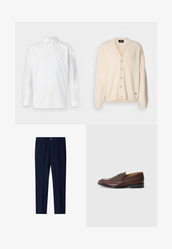 Cremefarbener Cardigan mit V-Ausschnitt, fünf Holzknöpfen vorne, gerippten Bündchen und Saum; weiche Textur und dezentes Branding am unteren Rand.; Weißes langärmeliges Hemd mit Knopfleiste, verbreitetem Kragen und geknöpften Manschetten, auf weißem Hintergrund dargestellt.; Navyblaue maßgeschneiderte Hose mit Bügelfalte, Gürtelschlaufen, Seitentaschen und einem einzelnen Knopfverschluss am Bund.; JOOP! KLEITOS - Slipper - brown