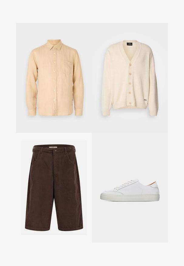 Cremefarvet cardigan med V-udskæring, fem træknapper foran, ribstrikkede manchetter og kant; blød tekstur og diskret branding nederst.; Beige langærmet skjorte i linned med knapkrave, frontlomme og en glat, let struktureret overflade. Klassisk pasform og enkelt design.; Brune knælange shorts i kordfløjl med bærestropper, forlommer, knaplukning og en etiket inde i linningen.; Hvid lavtop lædersneaker med snørelukning, tyk sål og minimal syningsdetalje på en ensartet lys baggrund.