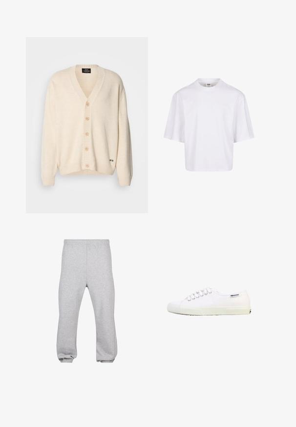 Cardigan crème avec col en V, cinq boutons en bois sur le devant, poignets et ourlet côtelés ; texture douce et marquage subtil en bas.; T-shirt blanc à manches courtes avec un col rond et une coupe décontractée, fabriqué à partir d'un tissu en coton mélangé doux. Aucun motif ni embellissement.; Pantalon de jogging en coton gris clair avec taille élastique et poignets aux chevilles, présenté à plat sur fond blanc.; Baskets basses en toile blanche avec lacets blancs, semelle en caoutchouc et petit logo noir "Superga" près du talon sur fond blanc.