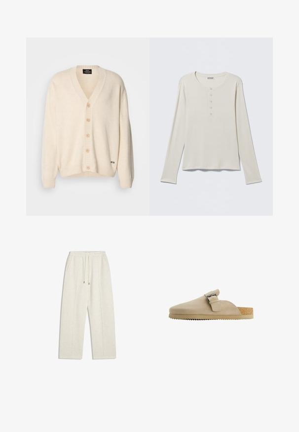 Crèmewitte cardigan met een V-hals, vijf houten knopen aan de voorkant, geribbelde manchetten en zoom; zachte textuur en subtiele merkopdruk aan de onderkant.; Crèmekleurig henleyshirt met lange mouwen, ronde hals en vijf knopen, met label Weekday, plat gelegd op een neutrale achtergrond.; Lichtbeige, wijde sweatpants gemaakt van zachte stof. Beschikt over een elastische tailleband met trekkoord en zijzakken voor functionaliteit.; Beige suède klomp met een gebogen vorm, verstelbare metalen gesp en een getextureerde kurken voetbed. De buitenzool heeft een getande rand voor grip.