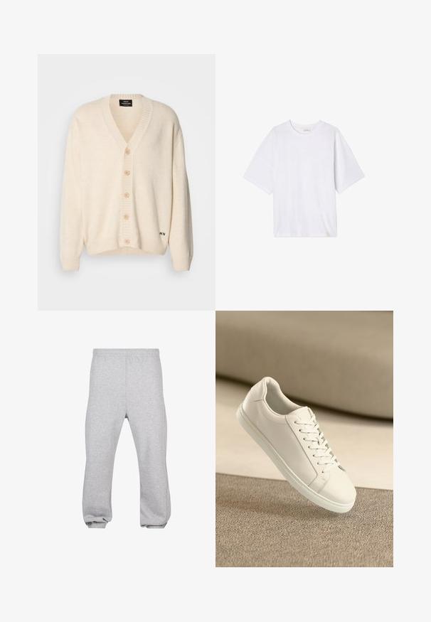 Cardigan crème avec col en V, cinq boutons en bois sur le devant, poignets et ourlet côtelés ; texture douce et marquage subtil en bas.; T-shirt blanc à manches courtes en tissu doux. Il présente un col rond et une coupe décontractée avec un ourlet droit. Aucun motif ni élément métallique.; Pantalon de jogging en coton gris clair avec taille élastique et poignets aux chevilles, présenté à plat sur fond blanc.; Baskets en cuir blanc avec des lacets blancs, exposées sur une surface beige texturée et avec un arrière-plan flou doux.