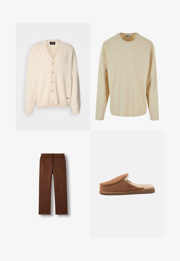 Cárdigan crema con cuello en V, cinco botones de madera en la parte delantera, puños y borde acanalados; textura suave y marca sutil en la parte inferior.; Camisa beige de manga larga hecha de una tela suave y lisa. Presenta un escote redondo y un corte holgado con hombros caídos.; Pantalones deportivos marrones casuales con cintura elástica y cordón, con bolsillos laterales y un pequeño logo bordado en la cadera izquierda.; Zapatilla marrón de tipo slip-on con forro interior crema, suave y esponjoso, y una pequeña etiqueta de tela en el lateral con la palabra "Sherpherd".