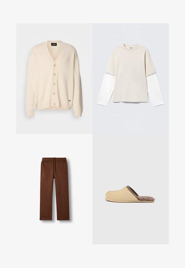 Crèmewitte cardigan met een V-hals, vijf houten knopen aan de voorkant, geribbelde manchetten en zoom; zachte textuur en subtiele merkopdruk aan de onderkant.; Beige T-shirt met korte mouwen, gedragen over een wit shirt met lange mouwen, ronde hals en een "WEEKDAY" label in de kraag.; Bruine casual joggingbroek met een elastische tailleband en koord, met zijzakken en een klein geborduurd logo op de linkerheup.; Beige instapslof met bruine bies en zachte bontvoering, platte zool en gesloten neus, zijaanzicht tegen een effen lichte achtergrond.
