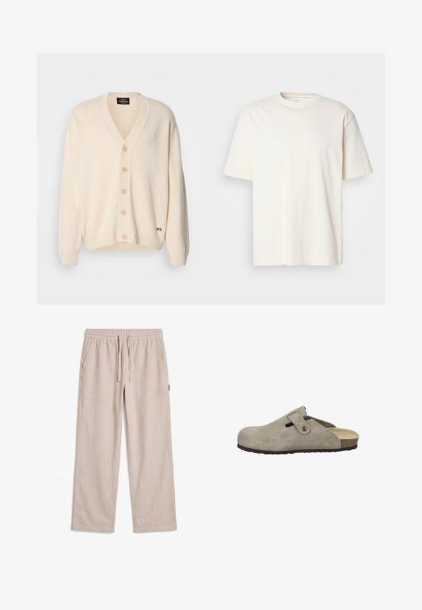 Cardigan crème avec col en V, cinq boutons en bois sur le devant, poignets et ourlet côtelés ; texture douce et marquage subtil en bas.; T-shirt uni à col rond, à manches courtes, de couleur blanc cassé, design unisexe, présenté sur un fond gris neutre.; Pantalon beige décontracté avec taille élastique, cordon de serrage, poches latérales, jambes droites et logo subtil sur la cuisse droite.; Josef Seibel Sabots - taupe
