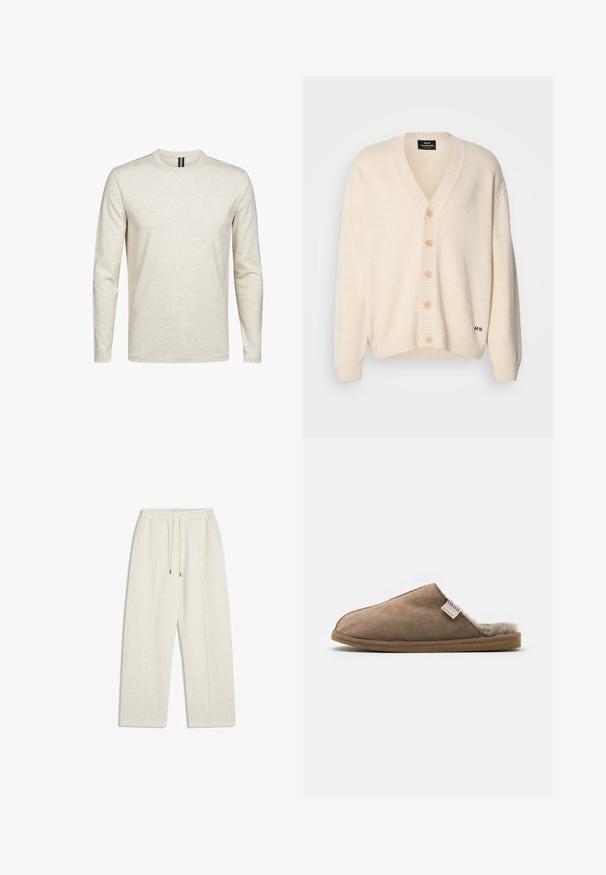 Crèmewitte cardigan met een V-hals, vijf houten knopen aan de voorkant, geribbelde manchetten en zoom; zachte textuur en subtiele merkopdruk aan de onderkant.; Lange mouw T-shirt in lichtbeige, gemaakt van zachte katoen. Heeft een ronde hals en een minimalistisch ontwerp zonder patronen of accenten.; Lichtbeige, wijde sweatpants gemaakt van zachte stof. Beschikt over een elastische tailleband met trekkoord en zijzakken voor functionaliteit.; Bruine suède pantoffel met een zachte, crèmegekleurde bontvoering. Beschikt over een ronde, open teen ontwerp en een gestructureerde rubberen zool.