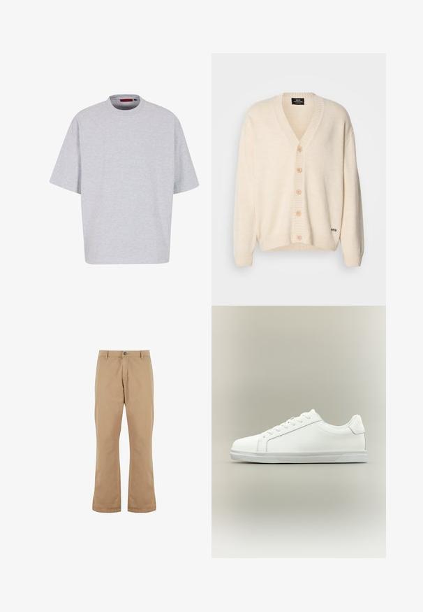 Cremefarvet cardigan med V-udskæring, fem træknapper foran, ribstrikkede manchetter og kant; blød tekstur og diskret branding nederst.; Lys grå oversized t-shirt, korte ærmer, rund halsudskæring, lavet af blødt stof, har en lige kant uden mønstre eller dekorationer.; Beige bomuldsbukser med lige pasform, der har knaplukning, forlommer og en glat tekstur.; Lavtop hvid sneaker med snørelukning foran og tekstureret gummisål mod en ensartet neutral baggrund.