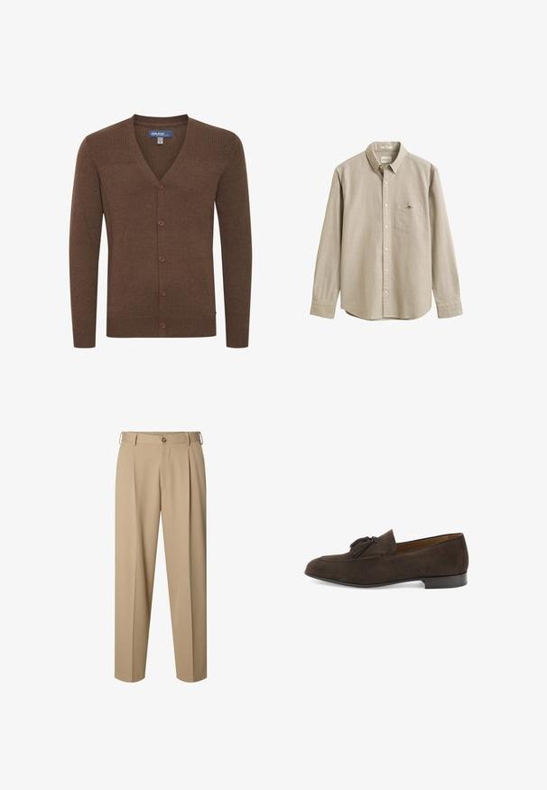 Bruine cardigan gemaakt van zacht materiaal, met een V-hals, geribbelde schouderontwerpen en vijf knopen aan de voorkant.; Beige overhemd met lange mouwen, knoopsluiting, kraag, borstzak en een klein geborduurd logo op de zak. Het overhemd is afgebeeld tegen een effen achtergrond.; Beige op maat gemaakte broek met voorplooien, riemlussen, knoopsluiting en rechte pijpen.; Donkerbruine suède herenloafer met kwastjes, lage hak en afgeronde neus, in profiel weergegeven op een witte achtergrond.