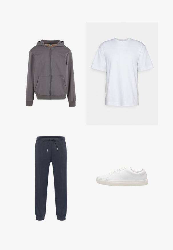 Sudadera con cremallera en gris, con capucha forrada, dos bolsillos frontales, puños acanalados y dobladillo. Fabricada en una tela suave y ligera con una textura lisa.; Filippa K HEAVY CREW NECK TEE - Camiseta básica - white; Pantalones deportivos de color azul marino oscuro con cintura elástica, cordón ajustable, bolsillos laterales y puños ajustados. Hechos de un material suave y ligero.; Zapatilla de cuero blanco con textura suave, puntera redonda, cierre de cordones y suela de goma plana. Diseño minimalista sin patrones visibles.