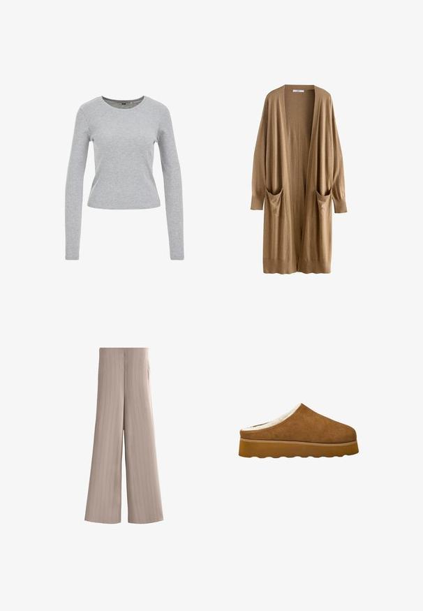 Lange, open voor cardigan in beige, gemaakt van zacht breigaren. Beschikt over twee voorzakken en geribbelde manchetten voor extra textuur en detail.; Grijze langwerpige shirt met lange mouwen, gemaakt van een gestructureerde katoenen mix, met een ronde halslijn en een aangesloten pasvorm. Geen zichtbare patronen of versieringen.; Beige broek met hoge taille en wijde pijpen, subtiele verticale ribbeltextuur en zijzakken, ontworpen voor een ontspannen pasvorm.; Bruine suède instappantoffel met een witte fleece voering en dikke rubberen zool met profiel, weergegeven in zijaanzicht.