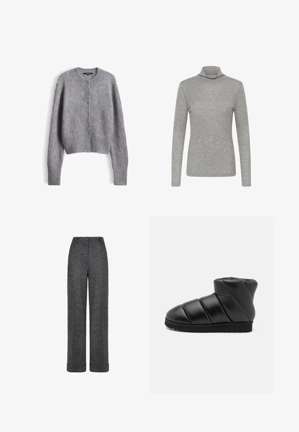 Weicher grauer flauschiger Strickcardigan mit langen Ärmeln, rundem Ausschnitt und Knopfleiste vorne.; Hellgraues Langarm-Rollkragen-Shirt mit schmaler Passform und glatter Stoffstruktur auf weißem Hintergrund.; Graue Wollhose mit Fischgratmuster, geraden Beinen, aufgeschlagenen Säumen und einem Bund mit Gürtelschlaufen.; Schwarze Ankle Boots aus gepolstertem Leder. Merkmale sind eine abgerundete Zehe, erhabene Nahtdetails und eine strukturierte Gummisohle mit Traktionsmustern.
