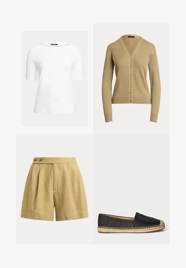 Lauren Ralph Lauren Rib Knit Linen Blend V Neck Cardigan - Kardigán - camel; Biela priliehavá blúzka s lodičkovým výstrihom, krátkymi rukávmi s manžetami a hladkým, jemným materiálom. Jednoduchý dizajn bez vzorov alebo ozdôb.; Béžové ľanové šortky s vysokým pásom, s dvoma hnedými gombíkmi na páse a prednými záhybmi, zobrazené na jednofarebnom pozadí.; Čierne kožené espadrily s okrúhlou špičkou, plochou podrážkou a tkaným jute okrajom. Na prednej strane je vyvýšené logo pre pridanie detailu.