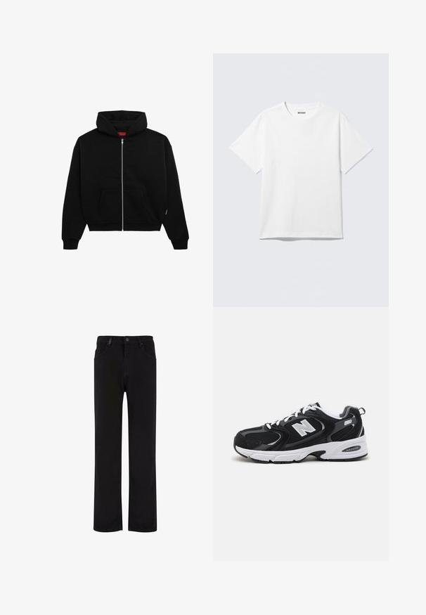 Sort zip-up hoodie lavet af blødt stof, med en frontlomme, ribbede manchetter og en hætte med snørre. Ingen synlige mønstre eller accenter.; Hvid kortærmet crewneck T-shirt lagt fladt ud, ensfarvet design, med "WEEKDAY" mærkat inde i kraven på en lys baggrund.; Sorte denimbukser med lige ben design, der har en knaplukning, bælteløjfer og forlommer. Glat tekstur og ensartet farve.; Sorte og grå sportssko med mesh og ruskind på overdelen, der har en hvid mellemsål, snørebånd og et iøjnefaldende "N" logo på siden.