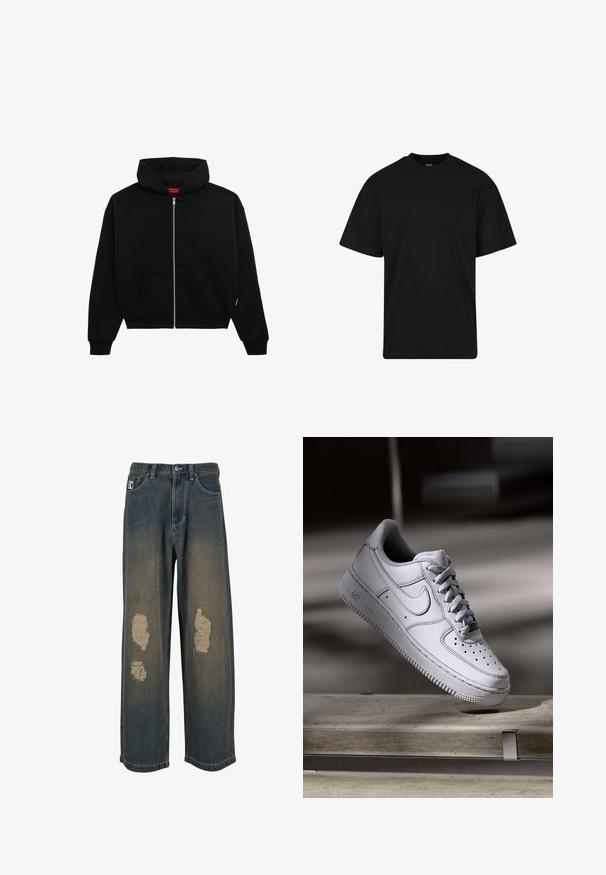 Sort zip-up hoodie lavet af blødt stof, med en frontlomme, ribbede manchetter og en hætte med snørre. Ingen synlige mønstre eller accenter.; Sort T-shirt med korte ærmer og rund hals, afslappet pasform, ensfarvet design uden synlige logoer eller mønstre.; Fadede blå denimjeans med bred benvidde, der har slidte lapper og trådsnitsede kanter. Metalknap og lynlås lukning, med forlommer.; Hvid læder Nike Air Force 1 sneaker med perforeret tå, flade snørebånd og tekstureret gummisål med "AIR" branding på siden.
