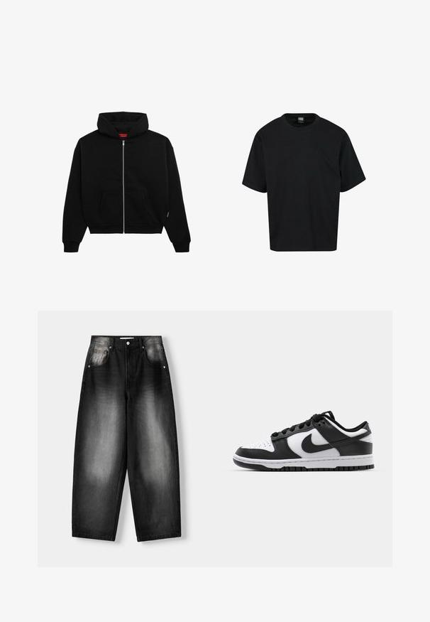 Sort zip-up hoodie lavet af blødt stof, med en frontlomme, ribbede manchetter og en hætte med snørre. Ingen synlige mønstre eller accenter.; Sort kortærmet t-shirt lavet af bomuld, med rund halsudskæring og en afslappet pasform. Ingen mønstre eller bemærkelsesværdige accenter.; Sorte denim jeans med bred benåbning, der har en falmet gradient fra mørk til lys, fem lommer og knaplukning.; Sort og hvid Nike Dunk sneakers med læderoverdel, perforeret tå, sorte snørebånd og en sort gummisål med slidbanedesign.