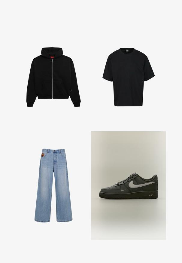 Sort zip-up hoodie lavet af blødt stof, med en frontlomme, ribbede manchetter og en hætte med snørre. Ingen synlige mønstre eller accenter.; Sort kortærmet t-shirt lavet af bomuld, med rund halsudskæring og en afslappet pasform. Ingen mønstre eller bemærkelsesværdige accenter.; Lyseblå vide jeans med høj talje og en lille farverig vævet detalje, der stikker frem fra den højre forlommer.; Sort Nike Air Force 1 sneaker med mørkegrå sål og stor lysgrå Nike-swoosh på siden, vist fra højre profil.