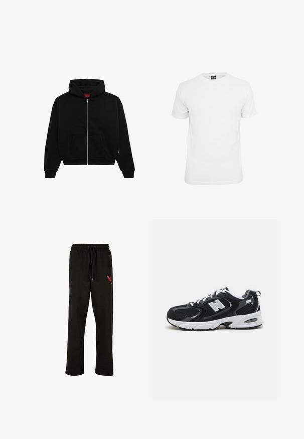 Haut à zip noir en tissu doux, avec une poche avant, des poignets côtelés et une capuche avec cordon de serrage. Pas de motifs ou d'accents visibles.; T-shirt blanche à manches courtes, en coton, avec un col rond et une texture lisse, conçue pour un usage décontracté.; Pantalons de survêtement noirs avec une taille élastique et un cordon de serrage ajustable. Présentent un accent de logo rouge sur la cuisse gauche. Matière douce.; Baskets de sport noires et grises avec un tige en mesh et en suède, présentant une semelle intermédiaire blanche, des lacets et un logo "N" audacieux sur le côté.