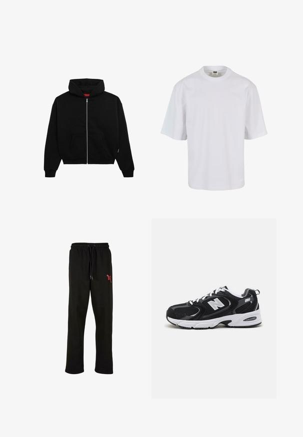 Zwarte zip-up hoodie van zachte stof, met een voorzak, geribbelde boorden en een capuchon met trekkoord. Geen zichtbare patronen of accenten.; Witte, korte mouw t-shirt van katoen. Beschikt over een ronde hals en een losse pasvorm met een gladde textuur en geen zichtbare patronen of graphics.; Zwarte sweatpants met een elastische tailleband en verstelbaar trekkoord. Heeft een rood logo accent op de linker dij. Zacht materiaal.; Zwarte en grijze sport schoenen met een bovenwerk van mesh en suede, voorzien van een witte tussenzool, veters en een gedurfde "N"-logo aan de zijkant.