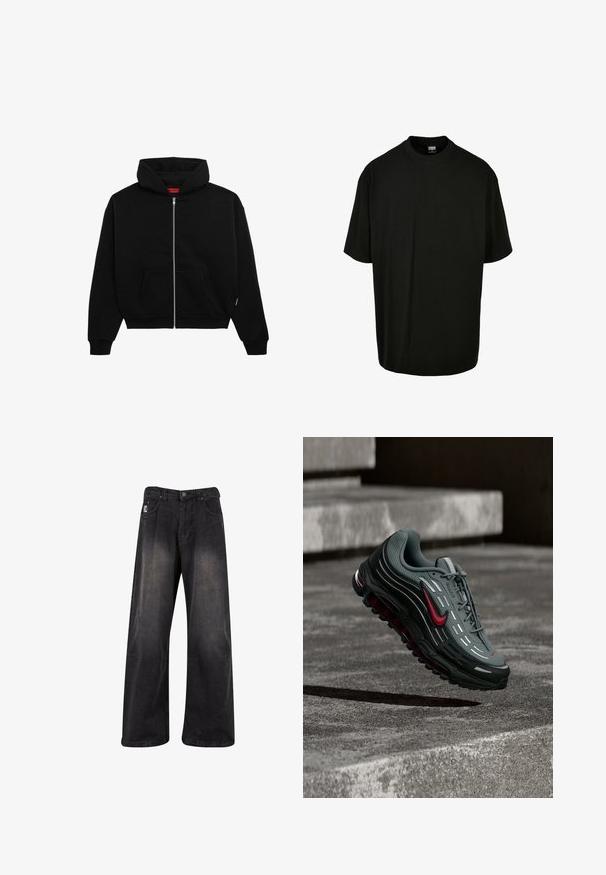 Zwarte zip-up hoodie van zachte stof, met een voorzak, geribbelde boorden en een capuchon met trekkoord. Geen zichtbare patronen of accenten.; Zwarte katoenen t-shirt met ronde hals en korte mouwen, in een relaxte pasvorm. Soepele textuur, zonder zichtbare patronen of accenten.; Zwarte wijde denim broek met een vervaagde afwerking, uitgerust met een knoopsluiting, vijf zakken en een merkpatch aan de linkervoorzijde.; Grijze en zwarte sportschoen met rode accenten en reflecterende strepen zwevend boven een gestructureerd betonnen oppervlak met trappen op de achtergrond.