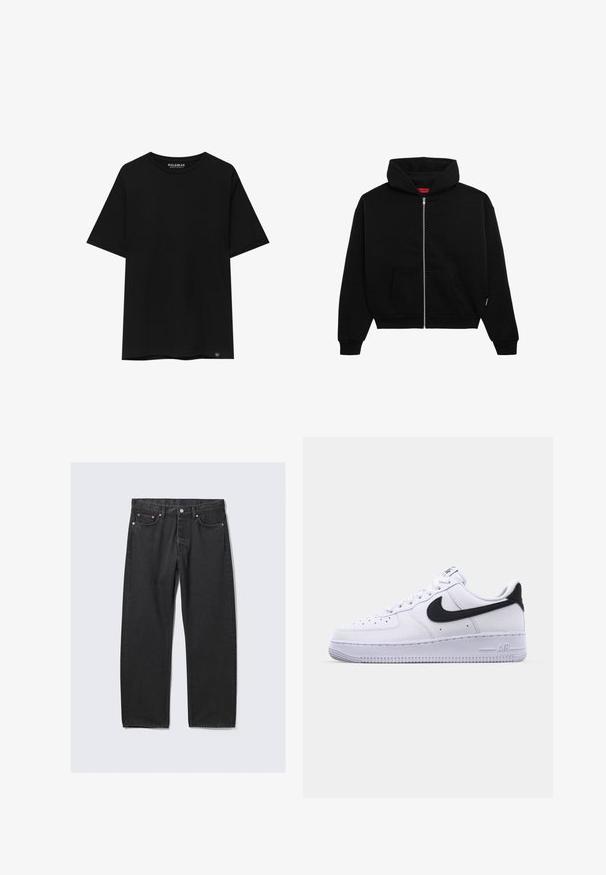 Haut à zip noir en tissu doux, avec une poche avant, des poignets côtelés et une capuche avec cordon de serrage. Pas de motifs ou d'accents visibles.; T-shirt noir à manches courtes en coton, avec un col ras du cou et une petite étiquette de marque en bas à gauche.; Jean noir droit avec cinq poches et une fermeture bouton à la taille, posé à plat sur un fond clair.; Sneaker en cuir blanc avec un Swoosh noir texturé, des lacets plats et une semelle en caoutchouc avec un motif strié. "AIR" est embossé sur le talon.
