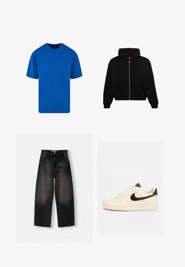 Zwarte zip-up hoodie van zachte stof, met een voorzak, geribbelde boorden en een capuchon met trekkoord. Geen zichtbare patronen of accenten.; Blauw T-shirt met korte mouwen van katoen, met een klassieke ronde hals en een relaxte pasvorm. Zachte textuur zonder zichtbare patronen of accenten.; Zwarte denim wijde broek met een vervaagd ontwerp, voorzien van vijf zakken, een knoopsluiting en subtiele slijtage-details aan de voorkant.; Lage beige Nike Air Force 1 sneaker met zwart swoosh-logo, beige veters en beige zool op een neutrale achtergrond.