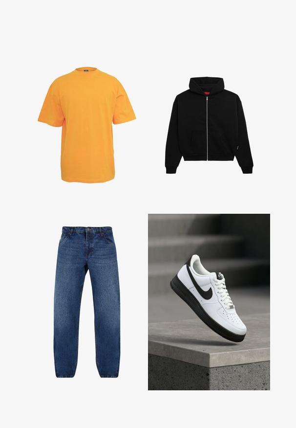 Sort zip-up hoodie lavet af blødt stof, med en frontlomme, ribbede manchetter og en hætte med snørre. Ingen synlige mønstre eller accenter.; Orange bomulds t-shirt med rund halsudskæring, korte ærmer og en afslappet pasform. Ingen mønstre eller detaljer. Glat tekstur.; Mørkeblå denim jeans med lige pasform, synlige sømme, fem-lomme design og knaplukning i taljen. Ren finish.; Hvid lædersneaker med sorte detaljer, rundet tå og perforerede detaljer. Sort gummisål med tekstureret mønster og snørelukning.