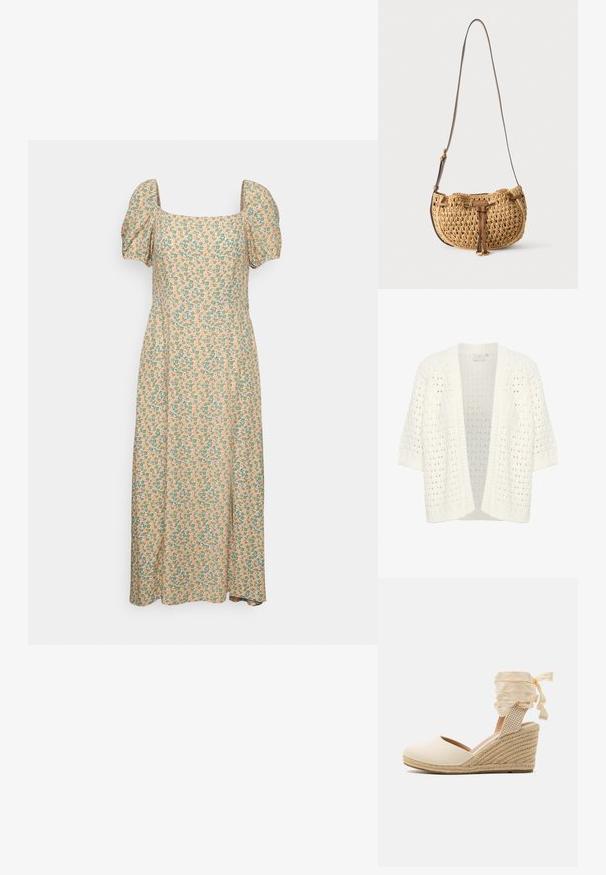 Kaffe KAFFE KASILJA CARDIGAN - Gilet - chalk; Even&Odd by Zalando Robe de jour - green/pink; Escarpin compensé beige avec tige en toile, bout ouvert et lacets en ruban doux. Compensé en jute texturé avec un motif tressé.; Petit sac d'épaule tressé beige avec bandoulière en cuir marron réglable et détail de lien en cuir à l'avant, suspendu sur fond blanc.