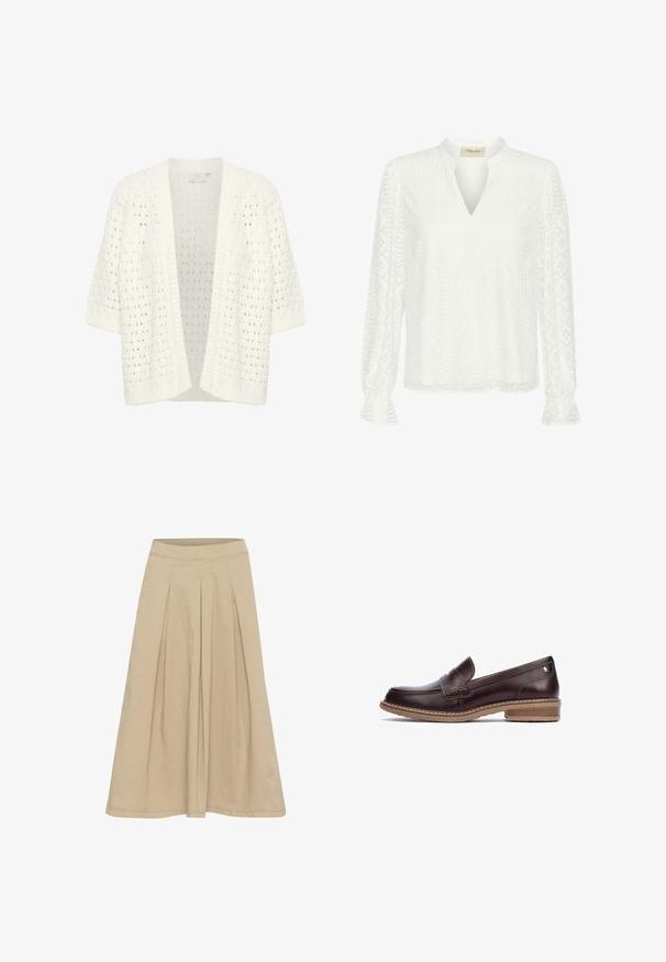 Kaffe KAFFE KASILJA CARDIGAN - Kardigan - chalk; Valge pika varrukaga pluus, millel on V-kaelus, keerukas diamond-mustriga tekstuur ja volangkäised. Valmistatud kergest kangast.; Beige volditud seelik sujuva tekstuuriga, põlvepikkune disain ja sobiv vöökoht. Valmistatud kergest kangast, millel on peened õmblused.; Pikolinos ALDAYA - Jalga libistatavad jalanõud - dark brown