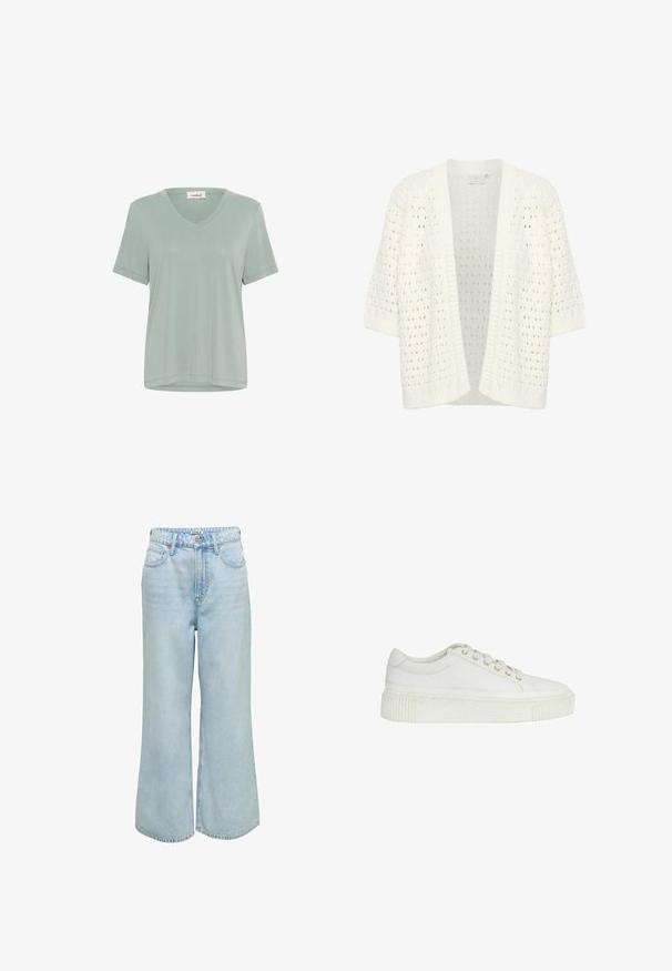 Kaffe KAFFE KASILJA CARDIGAN - Strickjacke - chalk; Weiches, hellgrünes T-Shirt mit V-Ausschnitt und kurzen Ärmeln. Hergestellt aus glattem Stoff, mit lockerer Passform und minimalen Nähten.; Hellblaue Jeans mit weitem Bein aus Denimstoff, mit hohem Bund, vorderen Taschen und einem klassischen Knopfverschluss in der Taille.; Weißer Sneaker in niedriger Schnittform mit dicker Sohle, Schnürung vorne und dezenten Steppnähten, vor einem schlichten weißen Hintergrund.