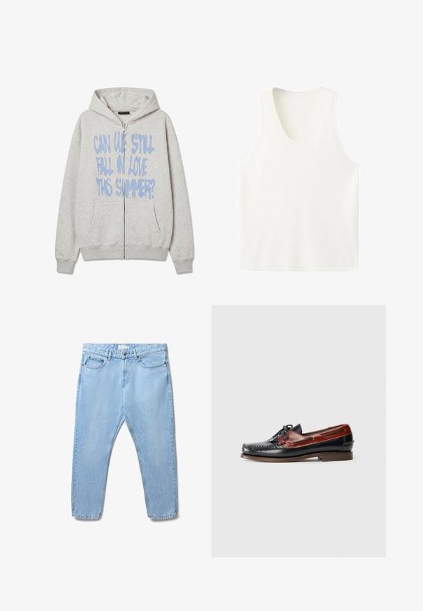 Hellgrauer Kapuzenpullover mit Reißverschluss und Fronttaschen sowie blauem Text „Können wir diesen Sommer noch verlieben?“ vorne.; Weißes, geripptes ärmelloses Top mit rundem Ausschnitt, flach auf weißem Hintergrund liegend.; Helleblaue Jeans aus Denim mit geradem Schnitt, Fünf-Taschen-Design und Einzelknopfverschluss; weist dezente Abnutzungsspuren und eine strukturierte Oberfläche auf.; Lederloafer mit schwarzem Obermaterial und braunen Akzenten, mit einer mokassinstilisierten Nahtspitze, Schnürdetails und einem niedrigen braunen Absatz.