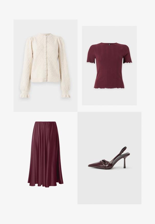 Cremefarvet cardigan lavet af tekstureret materiale med diamantmønster, med rund halsudskæring, knapper ned foran og flagrende ærmer.; Kortærmet bordeaux striktop med bølgede kanter på ærmer og kant, med rund halsudskæring og subtil lodret tekstur.; Bordeaux gulvlængde nederdel lavet af glat, blankt stof med et flydende design og elastisk talje. Ingen mønstre eller accenter til stede.; Bourgogne laklæder slingback-hæl med spids tå, tynd ankelrem og lille dekorativ spænde. Glat tekstur og høj hæl.