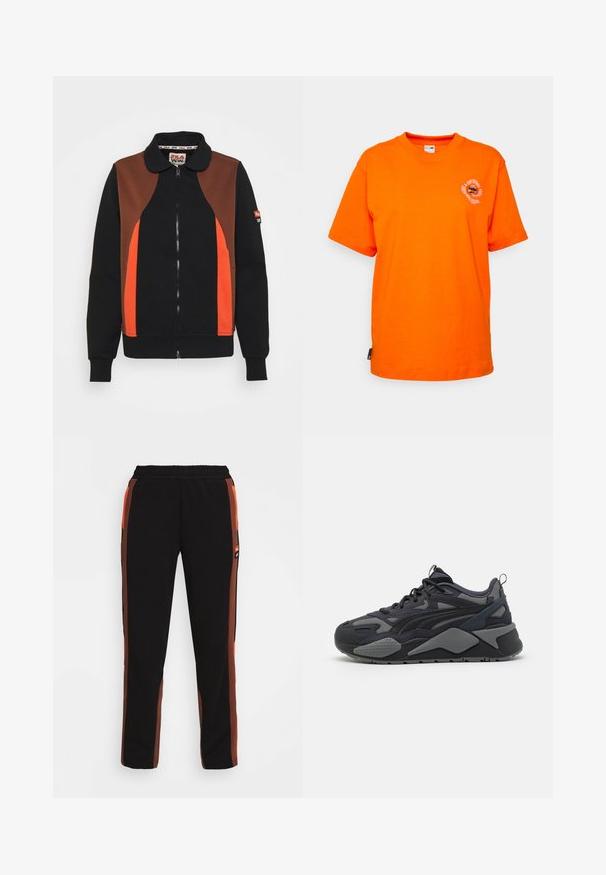 Fila EVONNE TRACK SUIT - Sweatjacke - black beauty/potting soil; Orange Baumwoll-T-Shirt mit kurzen Ärmeln, Rundhalsausschnitt und einem kreisförmigen Grafikumdruck auf der linken Brust. Mit einem Seitenetikett.; Schwarze Hose mit orangefarbenen und braunen Seitestreifen. Verfügt über einen elastischen Bund und zwei Seitentaschen. Hergestellt aus weichem, leichtem Stoff.; Schwarze sportliche Sneaker mit Obermaterial aus Mesh und Textil in Grauakzenten, einer robusten Sohle und markanten Designlinien.