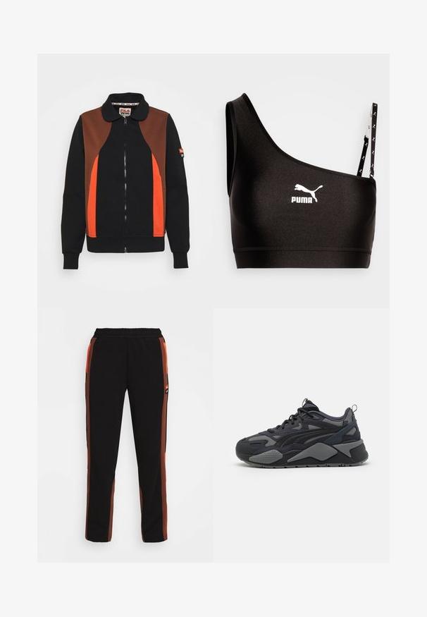Fila EVONNE TRACK SUIT - Sweatjacke - black beauty/potting soil; Schwarzer Sport-BH mit einem Schulterträger, versehen mit einem weißen Puma-Logo. Glattes, dehnbares Material mit einem eleganten Design und kontrastierenden Trägerdetails.; Schwarze Hose mit orangefarbenen und braunen Seitestreifen. Verfügt über einen elastischen Bund und zwei Seitentaschen. Hergestellt aus weichem, leichtem Stoff.; Schwarze sportliche Sneaker mit Obermaterial aus Mesh und Textil in Grauakzenten, einer robusten Sohle und markanten Designlinien.