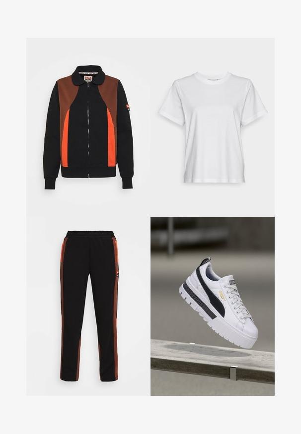 Fila EVONNE TRACK SUIT - Sweatjakke - black beauty/potting soil; Hvid bomulds T-shirt med korte ærmer, rund hals og en afslappet pasform. Glat tekstur, uden mønstre eller grafik, enkel design.; Sorte bukser med orange og brune sidelister. Har en elastisk talje og to sidelommer. Lavet af blød, letvægtsstof.; Hvid Puma platform-sneaker med sort stribe og gyldent logo, svævende over en betonbænk i udendørs omgivelser.