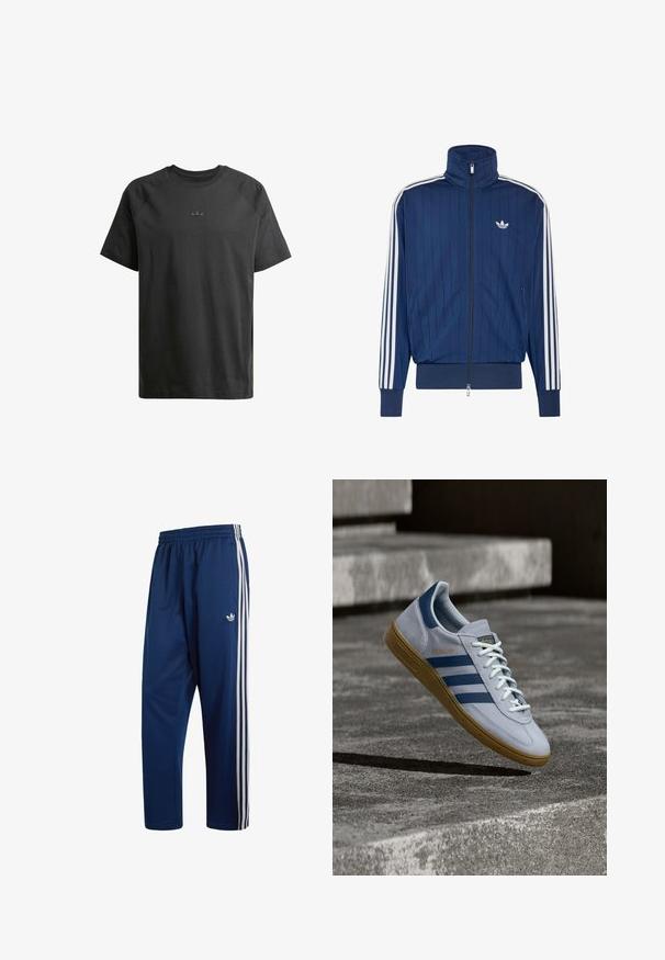 Chaqueta azul marino con cremallera, con franjas blancas en las mangas, cuello alto, puños y dobladillo acanalados, y pequeño logo trifolio blanco en el pecho.; Camiseta de algodón negra con mangas raglán cortas, que presenta un sutil logo en relieve en el pecho y una textura suave en todo su diseño.; Pantalones de chándal Adidas azul marino con cintura elástica, tres franjas blancas a los lados y pequeño logo de trébol en la parte superior del muslo.; Zapatilla Adidas Spezial azul claro con rayas azul marino y suela de goma, mostrada en el aire sobre escalones de hormigón en un entorno exterior neutral.