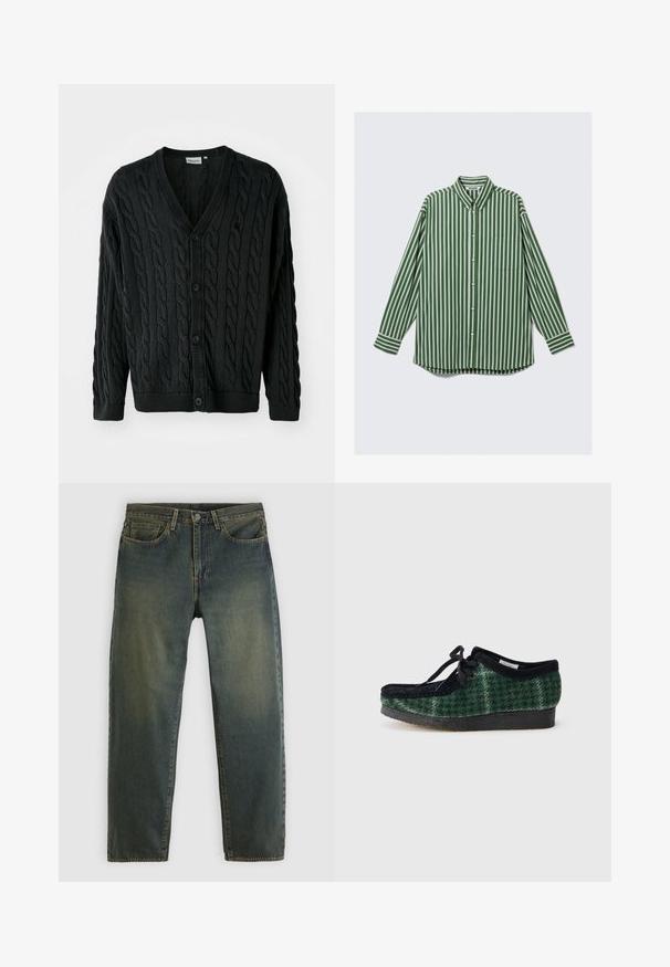 Sort kabelstrikket cardigan med V-hals, knapfront, lange ærmer og ribbede manchetter og kant. Har et tekstureret mønster over det hele.; Herre langærmet skjorte med knapper i lodrett grønne, hvide og brune striber, en forreste brystlomme og en krave, der kan knappes.; Mørkegrønne denimjeans med fem-lommer design, knaplukning og lige ben, vist på en ensartet lys baggrund.; Grønne og sorte mønstrede sko med en overdel i ruskind, der har en rund tå, snørebånd og en tekstureret gummisål.