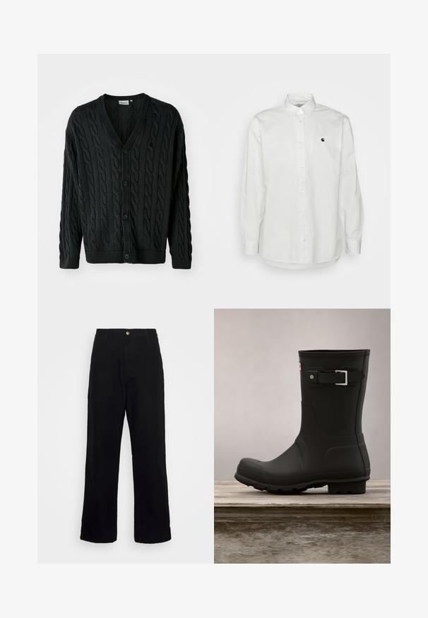 Schwarze Kabelstrick-Cardigan mit V-Ausschnitt, Knopfleiste, langen Ärmeln und gerippten Bündchen sowie Saum. Mit strukturiertem Muster über das gesamte Kleidungsstück.; Weißes Langarm-Hemd mit Knöpfen aus Baumwolle, das ein kleines schwarzes Logo auf der linken Brust trägt und einen klassischen Kragen mit Knopfdetails aufweist.; Schwarze Hosen aus schwerem Stoff mit geradem Beinschnitt, Fronttaschen, Reißverschluss und einem einzelnen metallischen Knopfverschluss.; Schwarze Gummiregenstiefel mit niedrigem Absatz, runder Spitze und einem silbernen Schnallenakzent. Verfügt über eine strukturierte Sohle für besseren Halt.