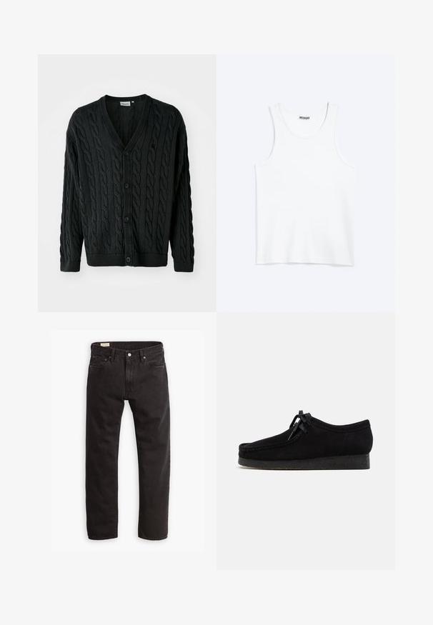 Zwarte kabelgebreide cardigan met een V-hals, knoopsluiting aan de voorkant, lange mouwen en geribbelde manchetten en zoom. Heeft een textuurpatroon over het geheel.; Wit mouwloos hemdje met ronde hals en Weekday-merklabel aan de binnenkant van de achterkraag, plat weergegeven op een lichte achtergrond.; Zwarte denim jeans met een rechte pijp, voorzien van een klassiek vijf-pocket ontwerp, subtiele stiksels en een metalen knoopsluiting.; Zwarte suède schoenen met een rond teenontwerp, een vetersluiting aan de voorkant en een gestructureerde zwarte rubberen zool. Gladde bovenkant met subtiele stikseldetails.